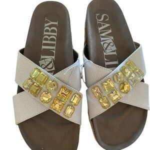 Sam & Libby white Sandals w/ Yellow Embellishment boho Birkenstock style slides